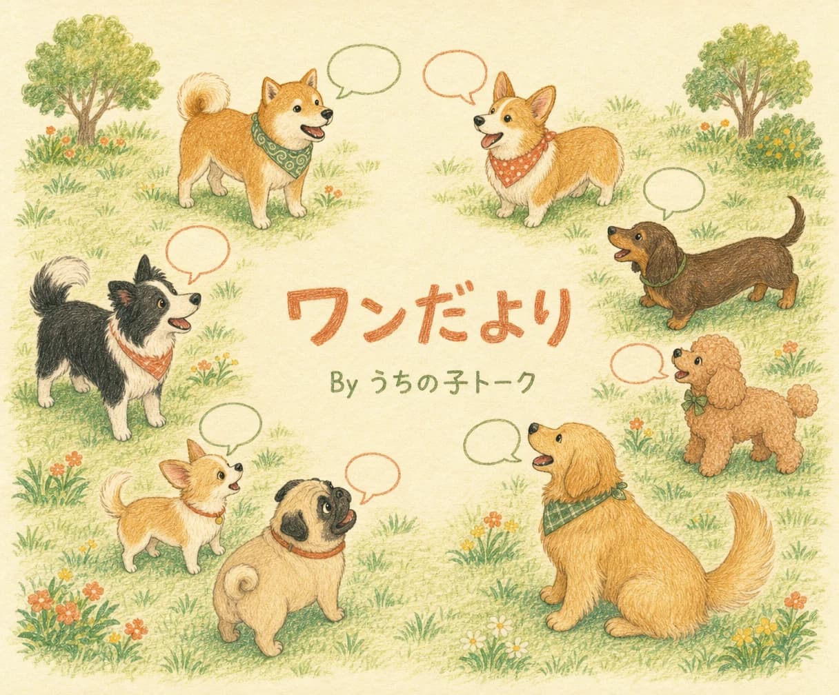 色鉛筆の絵。公園でおしゃべりする犬たちが輪になって「ワンだより By うちの子トーク」の題名を囲んでいる